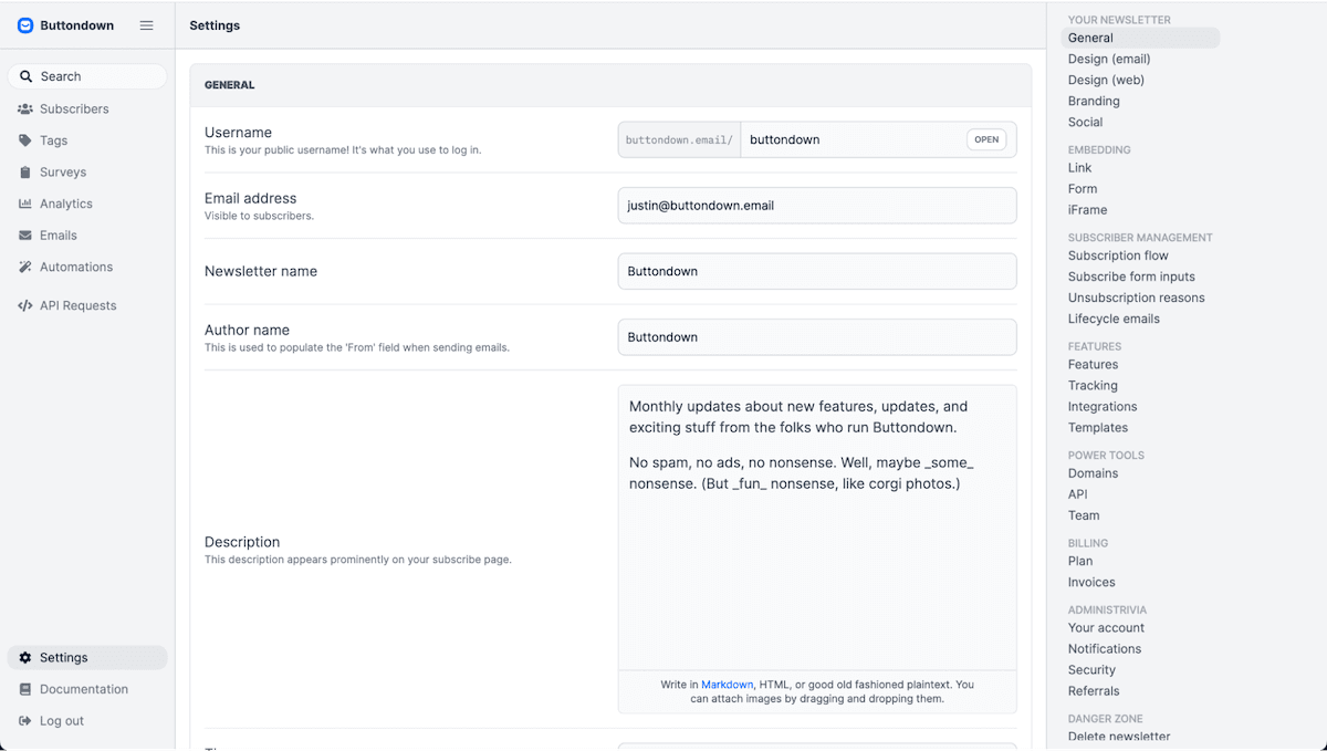 Buttondown single page settings
