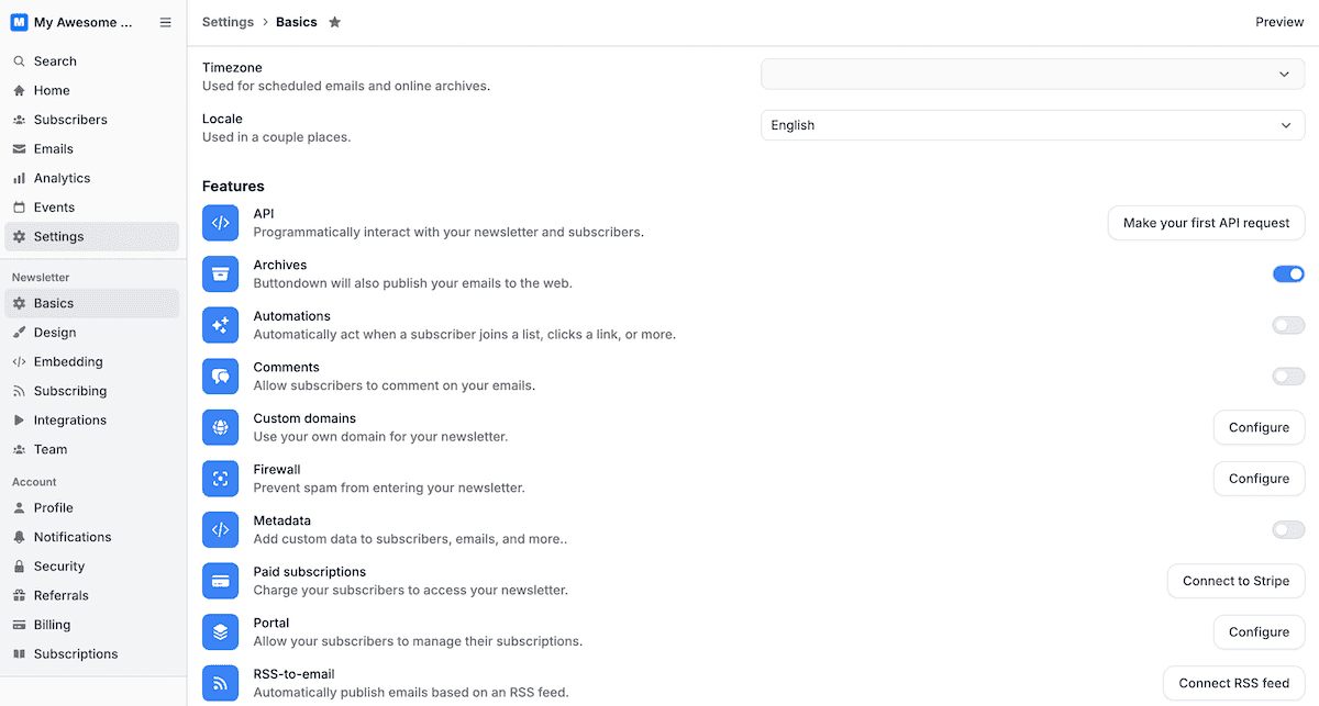 Buttondown settings page